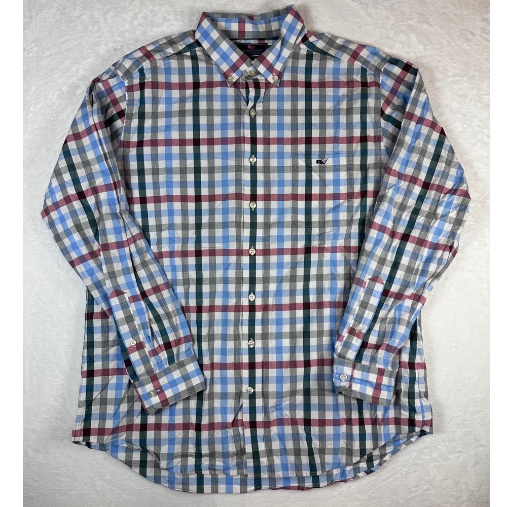 Vineyard Vines Mens XL Slim Fit Tucker Shirt‎ Blue Red Plaid Cotton Button Down